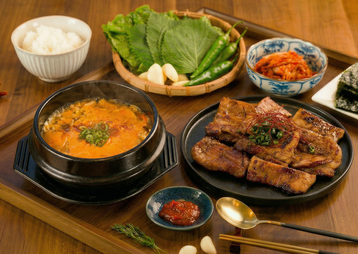 【韓国定食】旨辛キムチチゲ×30時間熟成豚カルビ セット（1〜2人前）